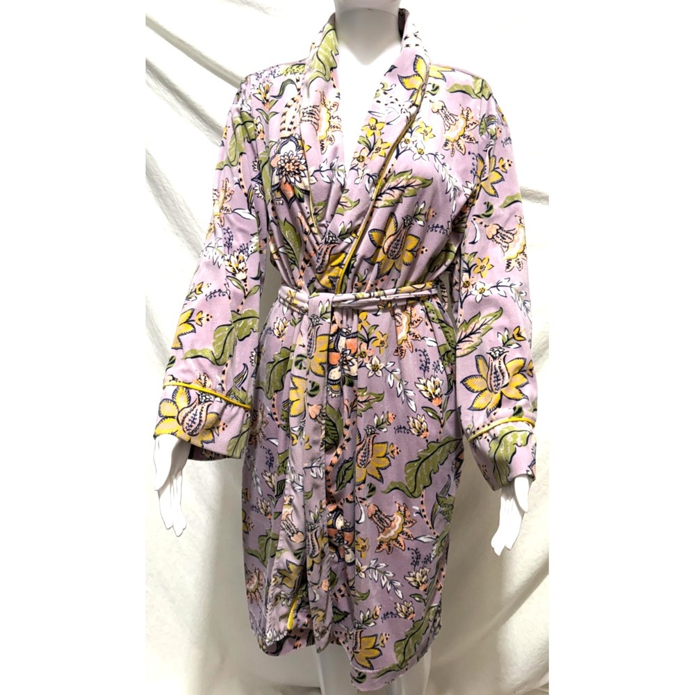 World Market Women's O/S Purple Floral Print Velour Long Sleeve Robe